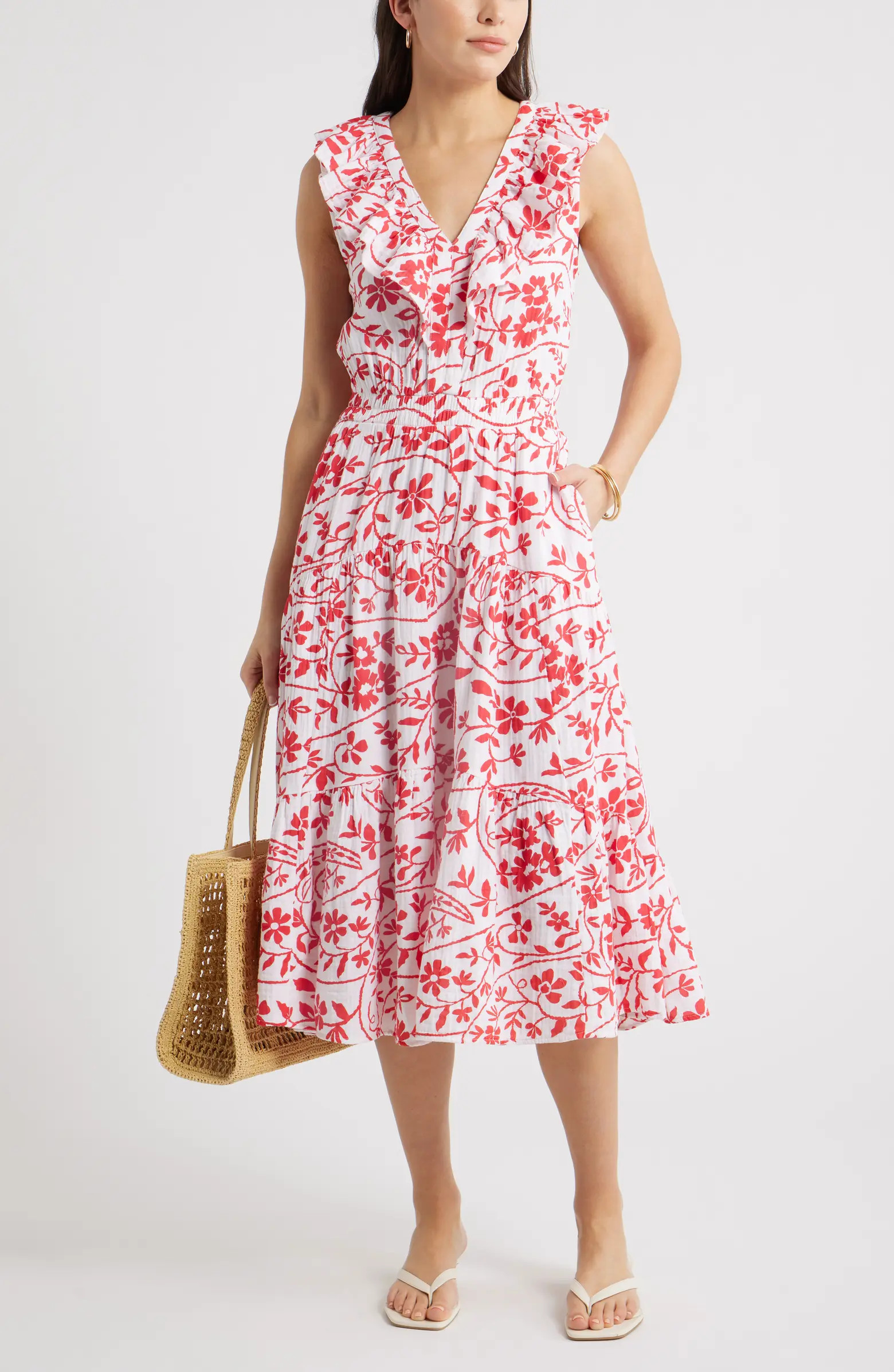 Ruffle Sleeveless Tiered Cotton Midi Dress | Nordstrom