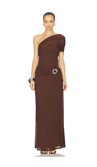 Kassi Draped One Shoulder Midi Dress in Bitter Chocolate | Revolve Clothing (Global)