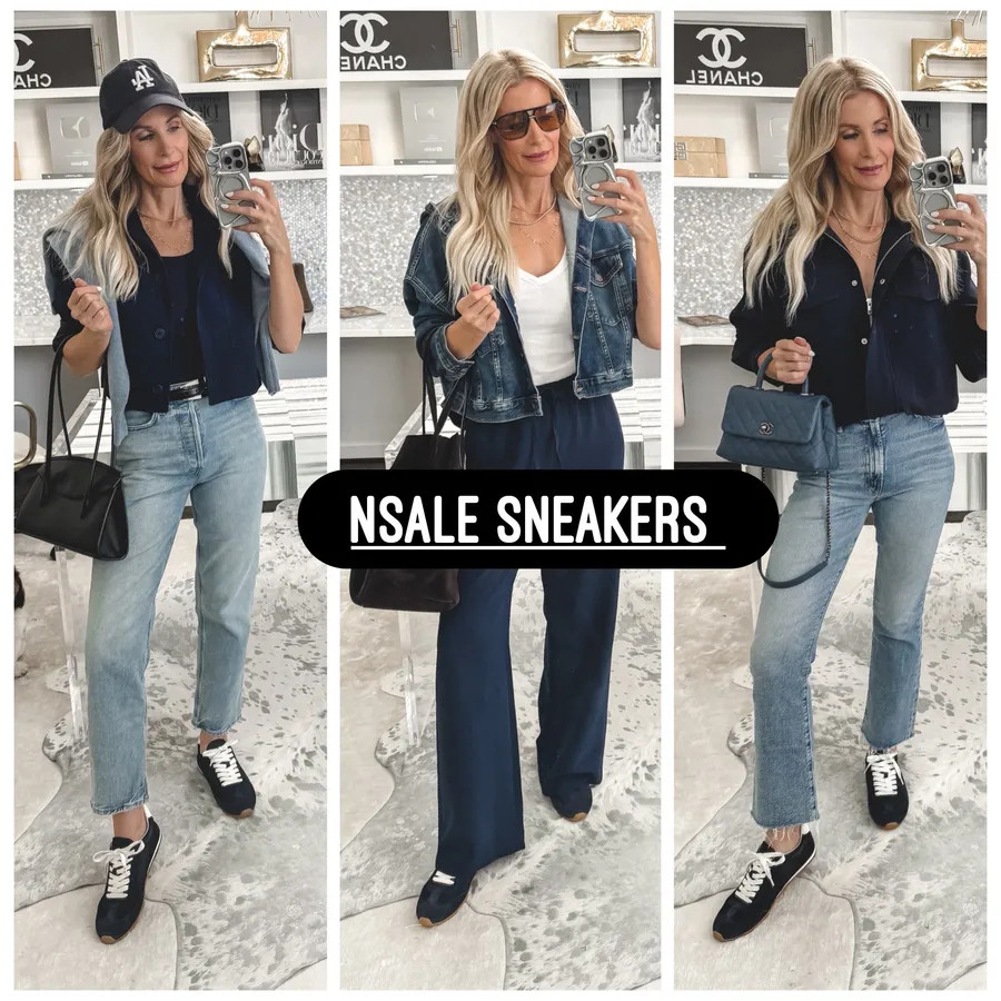 Nordstrom Anniversary Sale navy blue waterproof faux suede sneakers styled 3 ways — these chic sneakers are comfortable, practical, and so easy to wear with jeans, travel outfits, and casual fall looks. I love the navy shade because it feels polished but still effortless for everyday wear. 

 #NSale #LTKShoeCrush #LTKOver40 #LTKSaleAlert