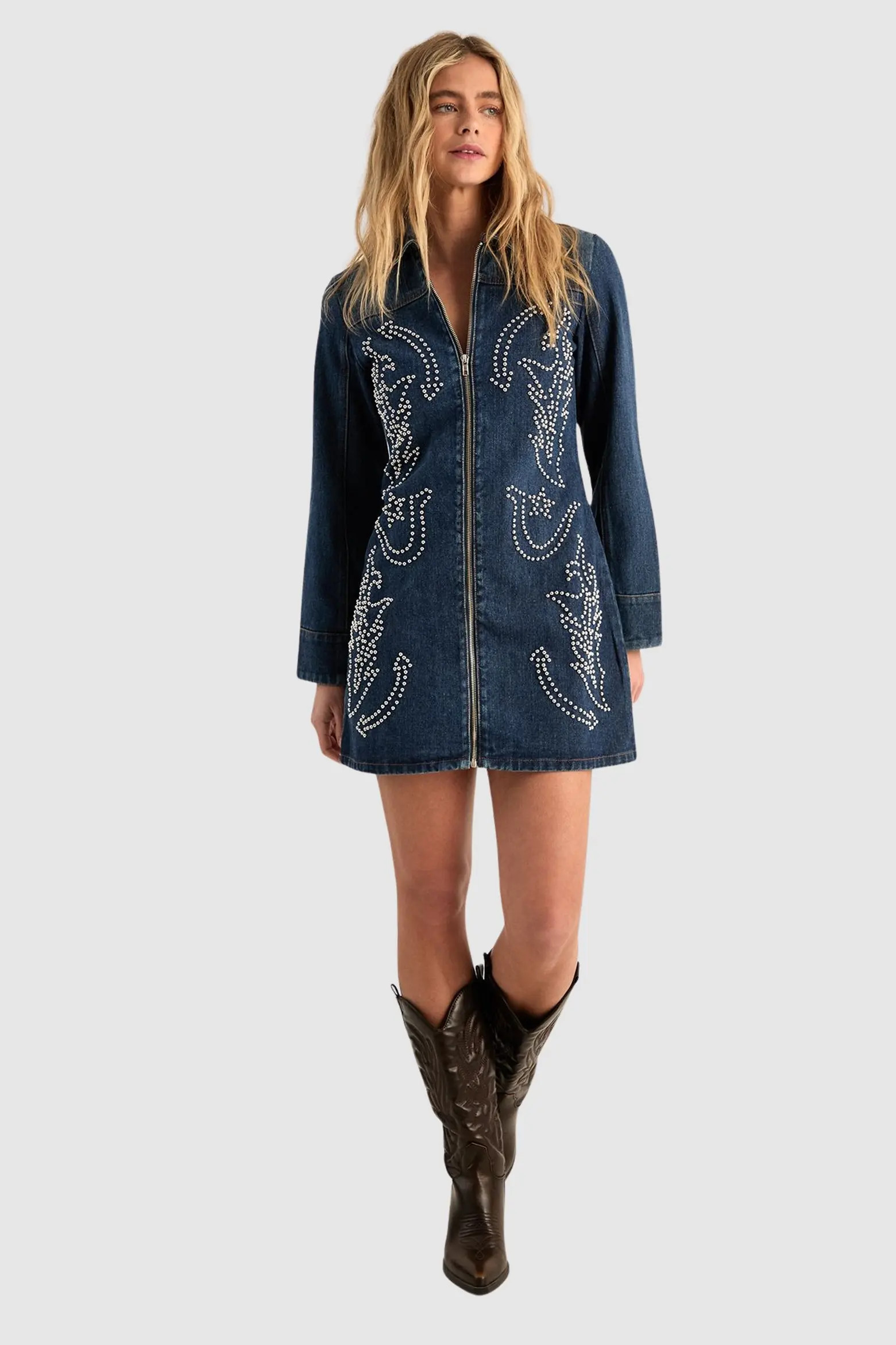 Studded Zip Front Denim Mini Dress (Women) | Nordstrom | Nordstrom
