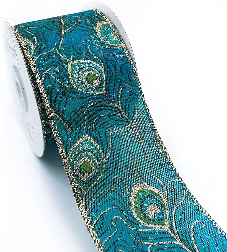 WR 63-5083 Peacock Green / Gold Wired Edge Ribbon 2-1/2" x 10 Yard, for Tree Wreath Decorating, G... | Amazon (US)