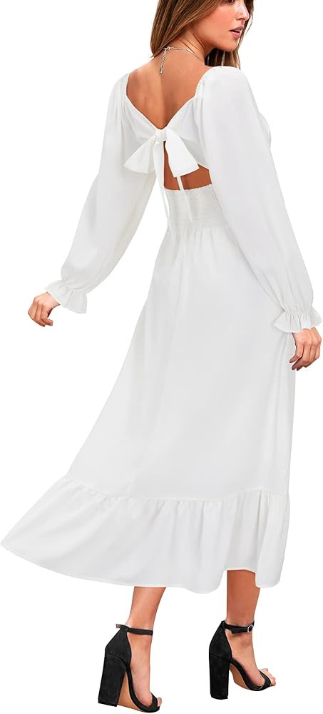 VOTEPRETTY Women's Long Sleeve White Maxi Dress Wedding Guest Tie Back Ruffle Lantern Dress Fall ... | Amazon (US)