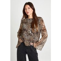 Leopard Chiffon Flare Sleeve Blouse, brown | PrettyLittleThing US