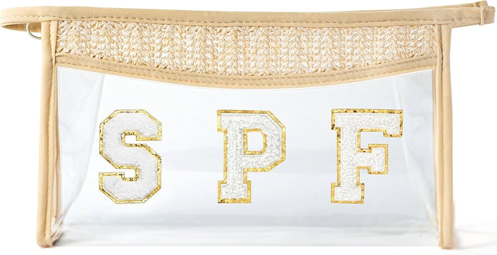 Belanttega Boho Patch Cosmetic Bag - Summer SPF Chenille Varsity Letter Toiletry Bag Beige Clear ... | Amazon (US)
