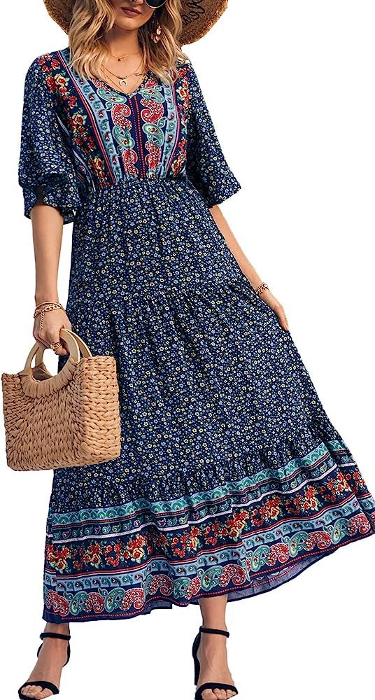 PRETTYGARDEN Women's Casual Floral Print V Neck Short Sleeve Summer Boho Beach Dress High Waist L... | Amazon (US)