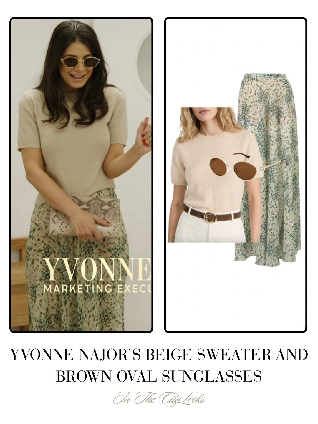 Yvonne Najor’s Beige Sweater and Brown Oval Sunglasses