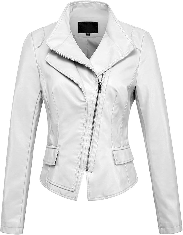 chouyatou Women's Stylish Oblique Zip Slim Faux Leather Biker Outerwear Jacket | Amazon (US)