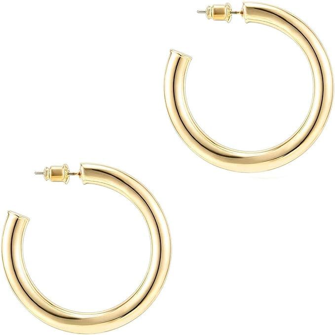 PAVOI 14K Gold Colored Lightweight Chunky Open Hoops | Gold Hoop Earrings for Women | Amazon (US)