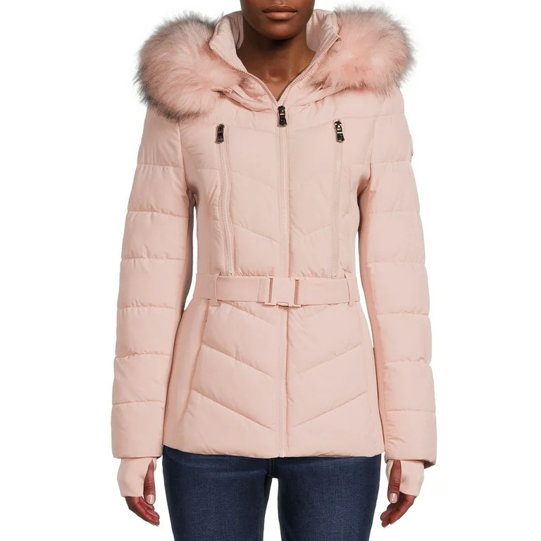 F.O.G. Women's and Plus Belted Puffer Coat with Faux Fur Hood | Walmart (US)