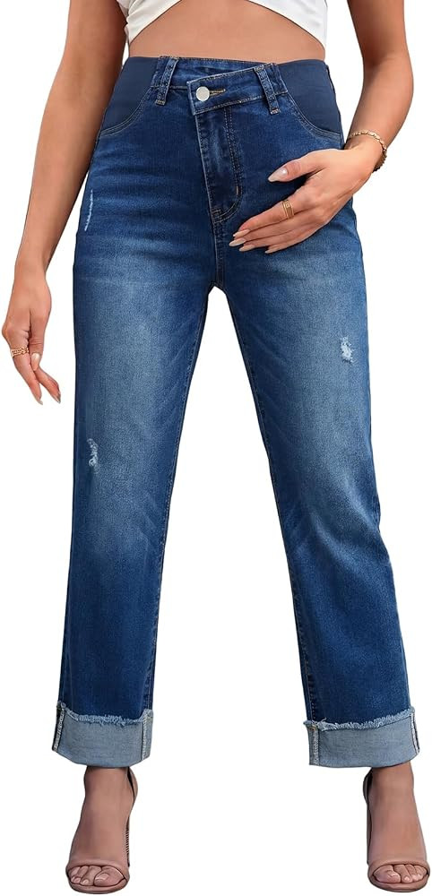 Elastic High Waist Pregnancy Jeans,Straight Leg Maternity Pants Cuffed Hem,Distressed Bootcut Mom... | Amazon (US)