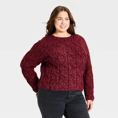 Women's Cable Crewneck Pullover Sweater - Universal Thread™ Heather Burgundy 1X | Target