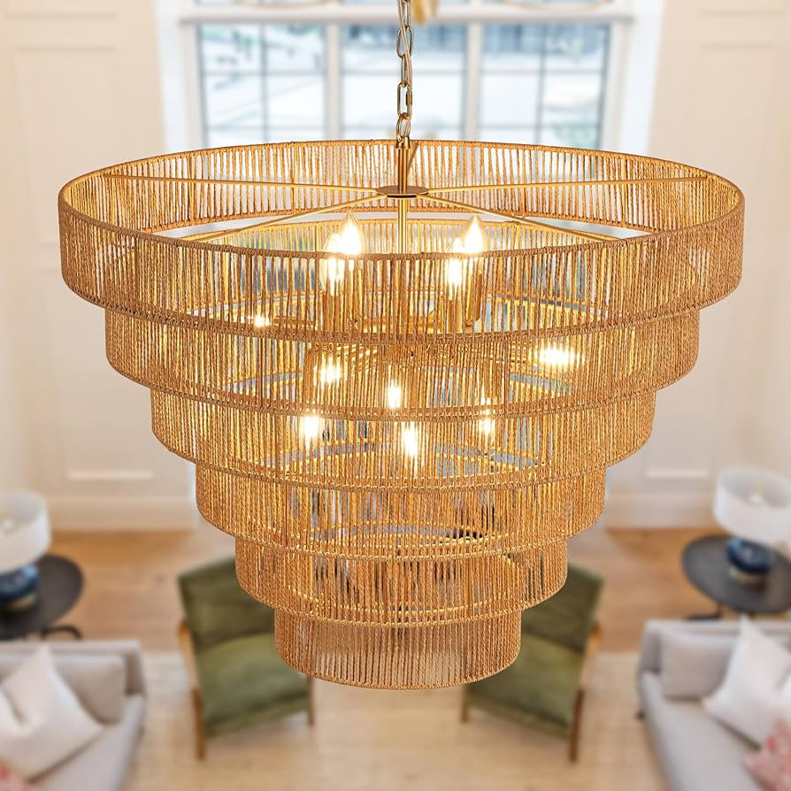 31.49" Large Rattan Chandelier Vintage Farmhouse 12-Lights Boho Hand-Woven Bamboo Chandeliers Lig... | Amazon (US)