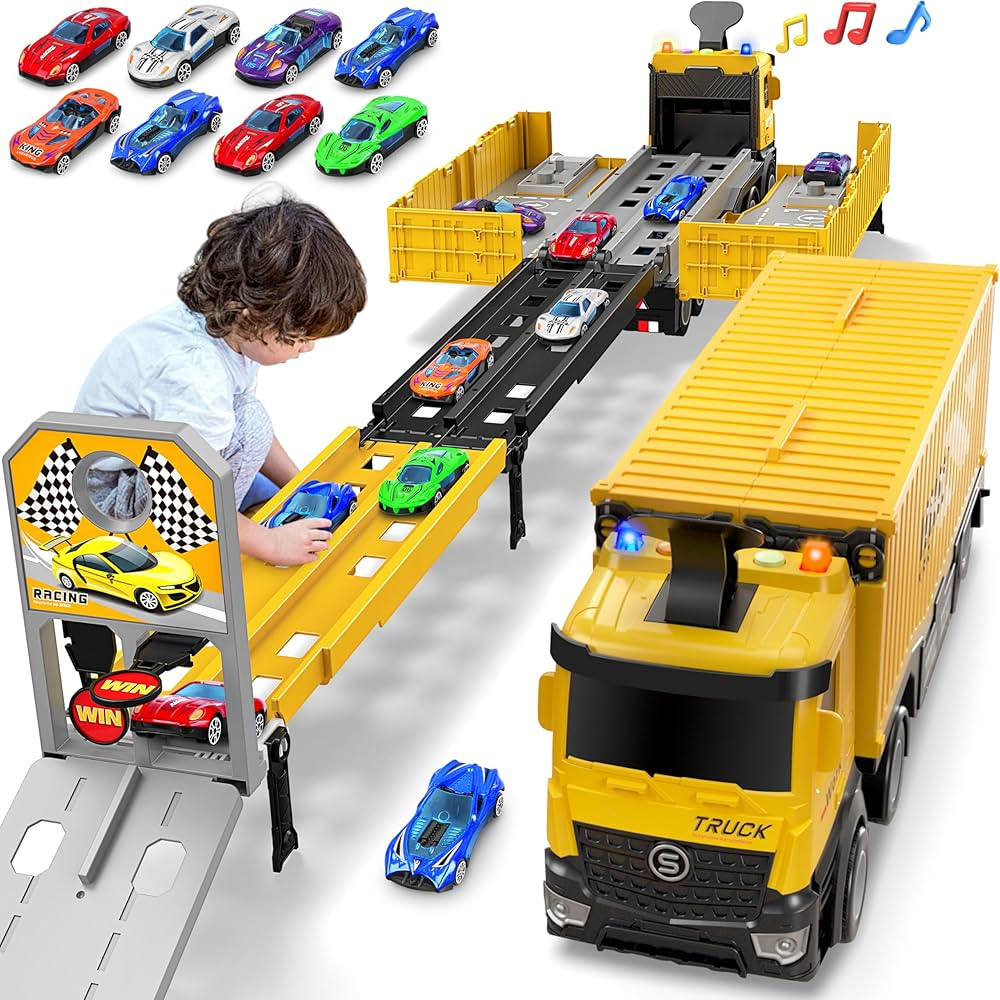 Carrier Truck Race Track Kids Toys, Foldable 3 Layer Car Race Track Playset, Toy Truck Transport ... | Amazon (US)