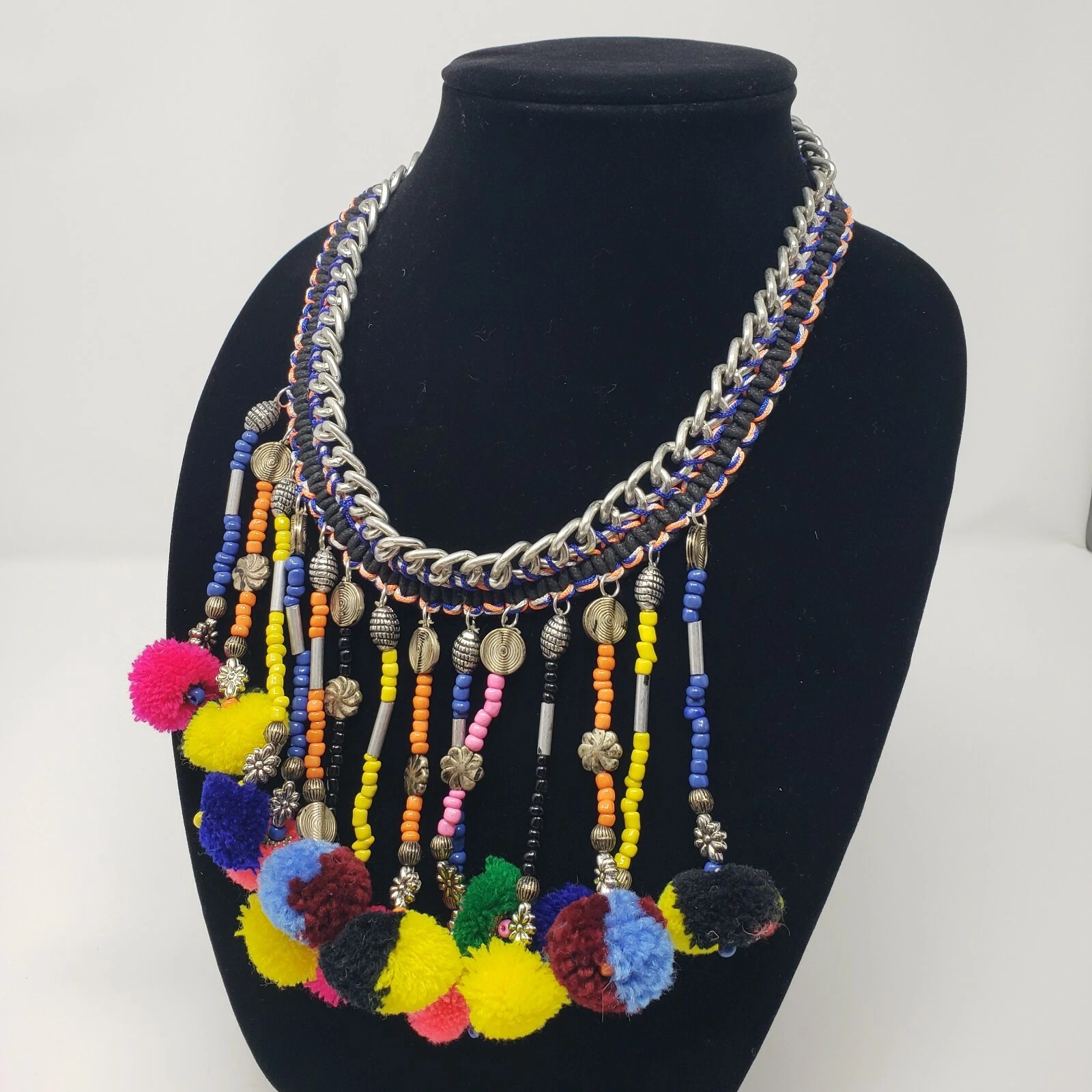 Silver Tone Ethnic Rope Braid Rainbow Pom Pom Collar Necklace Colorful Tassel | eBay | eBay US