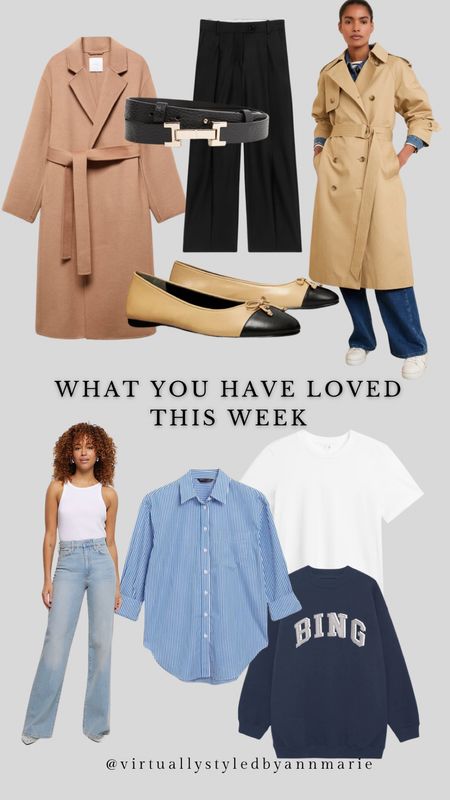 Your Weekly loves 

Spring coats, 
Anine Bing sweatshirt
Two tone ballet flats 
Black trousers 
Wide leg jeans 