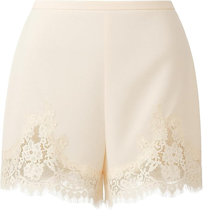Women Silk Lace Trim Shorts Elastic Waist Y2k Cute Fairy Half Slip Coquette Pajamas Bottoms | Amazon (US)