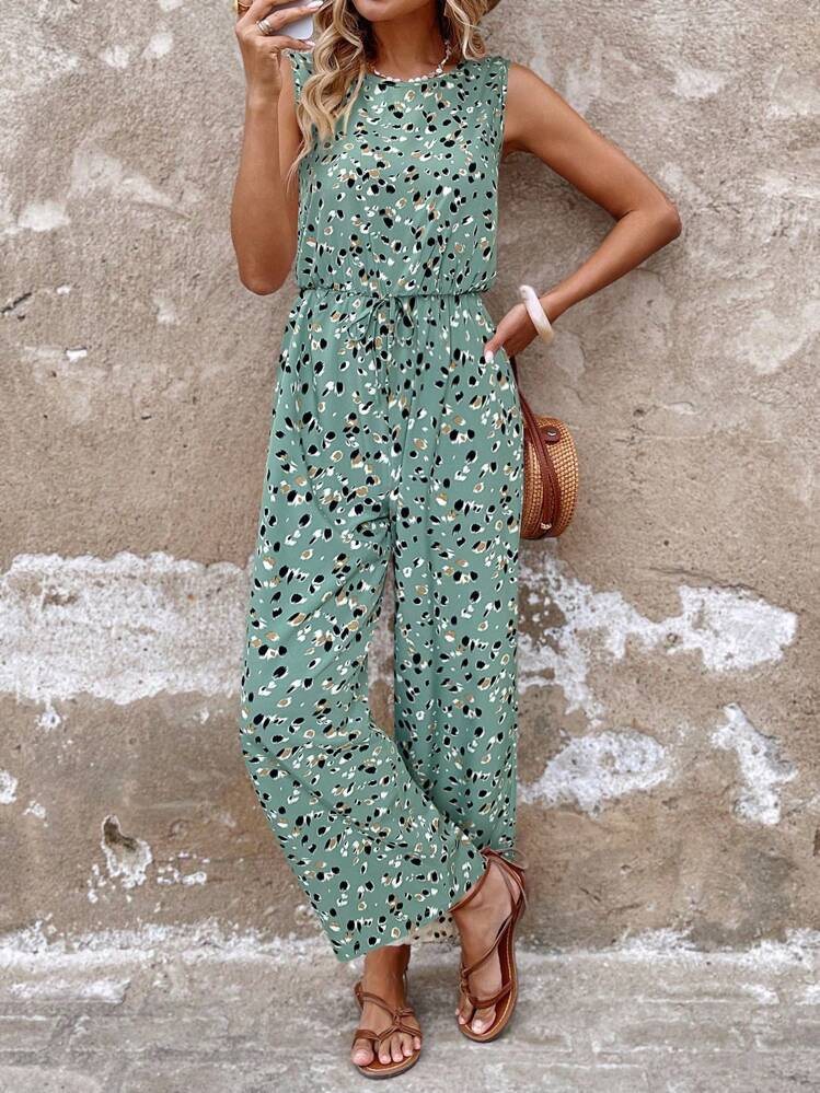 SHEIN LUNE Women's Summer Vacation Style Allover Print Knotted Waist Loose Wide Leg Jumpsuit | SHEIN