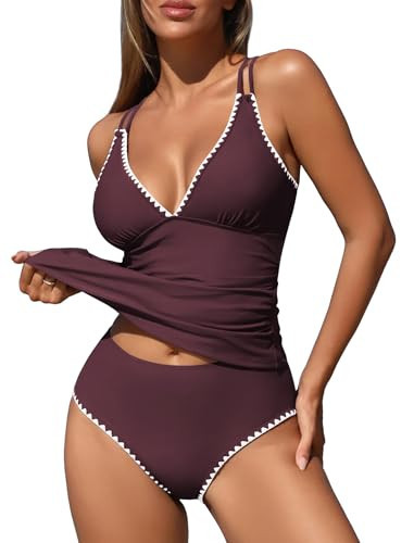 ZAFUL Bathing Suit for Women Tankini Two Piece Swimsuits High Waisted Bathing Suit Shell Stitch Push Up Swim Top Bathing Suits with Shorts (Plum Velvet M) | Amazon (US)