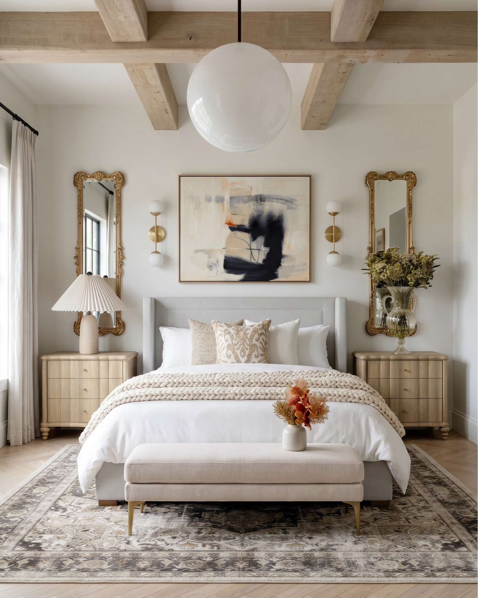 Shop the look:
• Fluted cream built-in cabinetry
• Brass cabinet hardware (pulls + knobs)
• Glass-front upper cabinet doors (reeded / ribbed glass)
• Brass dual globe wall sconces (white milk glass)
• Built-in wine fridge (glass door, brass trim)
• Espresso machine / built-in coffee station
• Decorative ceramic face sculpture
• Neutral ceramic bowls
• White ceramic pitcher
• Amber glass bottles
• Framed vintage artwork
• Decorative wood tray
• Brass bowl / catchall
• Sculptural woven vase
• Neutral decorative books
• Large woven or textured runner rug (taupe / beige)
• Light oak ceiling beams
• Light wood console table (minimal modern design)
• Upholstered round stools / vanity stools
• Neutral floral wallpaper (large-scale botanical print)
• Oversized abstract wall art (black frame)
• Brass double globe sconces
• Ceramic table lamp (neutral textured base)
• Gold sculptural ring decor
• Large rope detail ceramic vases
• Vintage-inspired neutral hallway runner
• Decorative wood bowls
• Ceramic decor accents
• Cream boucle accent chair
• Arched black-framed window
• Light gray upholstered wingback bed
• White bedding set (duvet + sheets)
• Chunky knit throw blanket (cream)
• Neutral accent pillows (textured + patterned)
• Upholstered bedroom bench (cream with brass legs)
• Light wood nightstands (3-drawer)
• Pleated table lamp (neutral ceramic base)
• Large glass vase with greenery / dried florals
• Ornate gold full-length mirrors
• Brass double globe wall sconces
• Large abstract artwork above bed
• White globe pendant light
• Vintage-inspired area rug (gray / beige)
• Light wood ceiling beams
• Soft linen curtains (cream)
• Herringbone hardwood flooring
• Small ceramic vase with dried florals
• Decorative bedside styling
• Neutral ceramic lamp
• Gold framed mirrors
• Minimal layered pillows
• Luxury hotel-style white duvet

#LTKsale #LTKhome