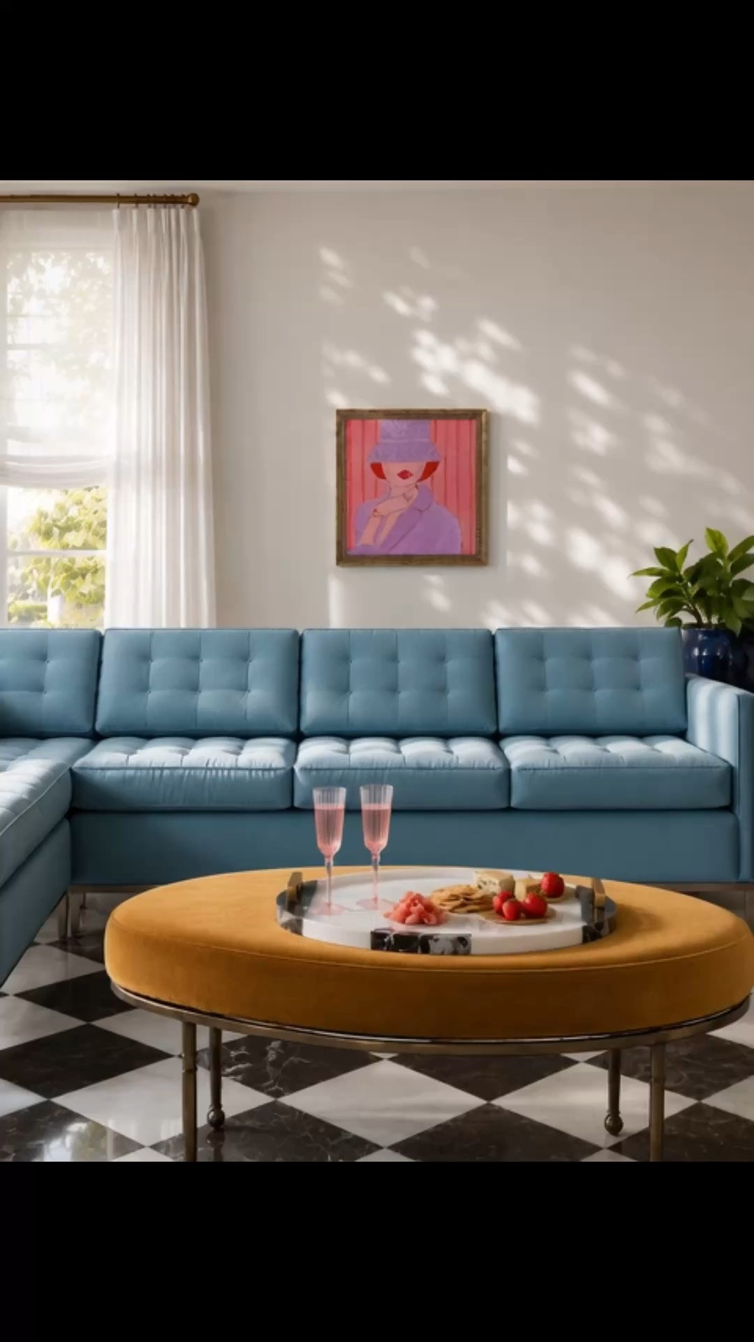 Happy hour at home, styled with a modern-classic point of view. The graphic black-and-white tile brings structure to the room, while the soft blue sectional adds an unexpected layer of color and comfort. Sheer Roman shades and flowing white drapes filter the evening light beautifully, and the sculptural coffee table, curated art, and polished brass details give the space its modern-chic finish.

#LTKHome #HappyHourAtHome #ModernClassic #ModernChic #BlueSectional #BlackAndWhiteTile #RomanShade #WhiteDrapes #CoffeeTable #WallArt #LivingRoomDesign #HomeDecor #EntertainingAtHome

#LTKdayinmylife #LTKHome