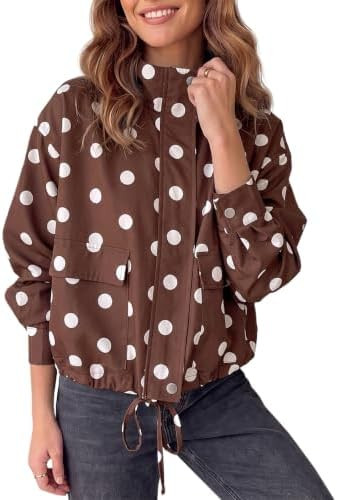 Fisoew Women Casual Cropped Jacket Polka Dot Zipper Up Oversized Fall Coat | Amazon (US)