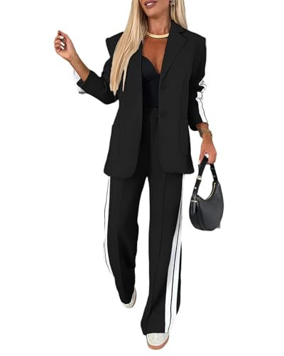 CHICME Womens Two Piece Outfits Striped Side Button Blazer and Pants with Pockets Sets Business Casual Pant Suits Set-bk-S Black | Amazon (US)
