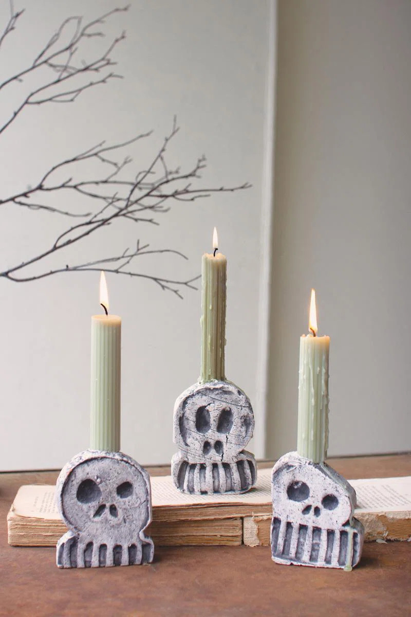 SET OF THREE HALLOWEEN SKULL TAPER CANDLE HOLDERS | Birch Lane