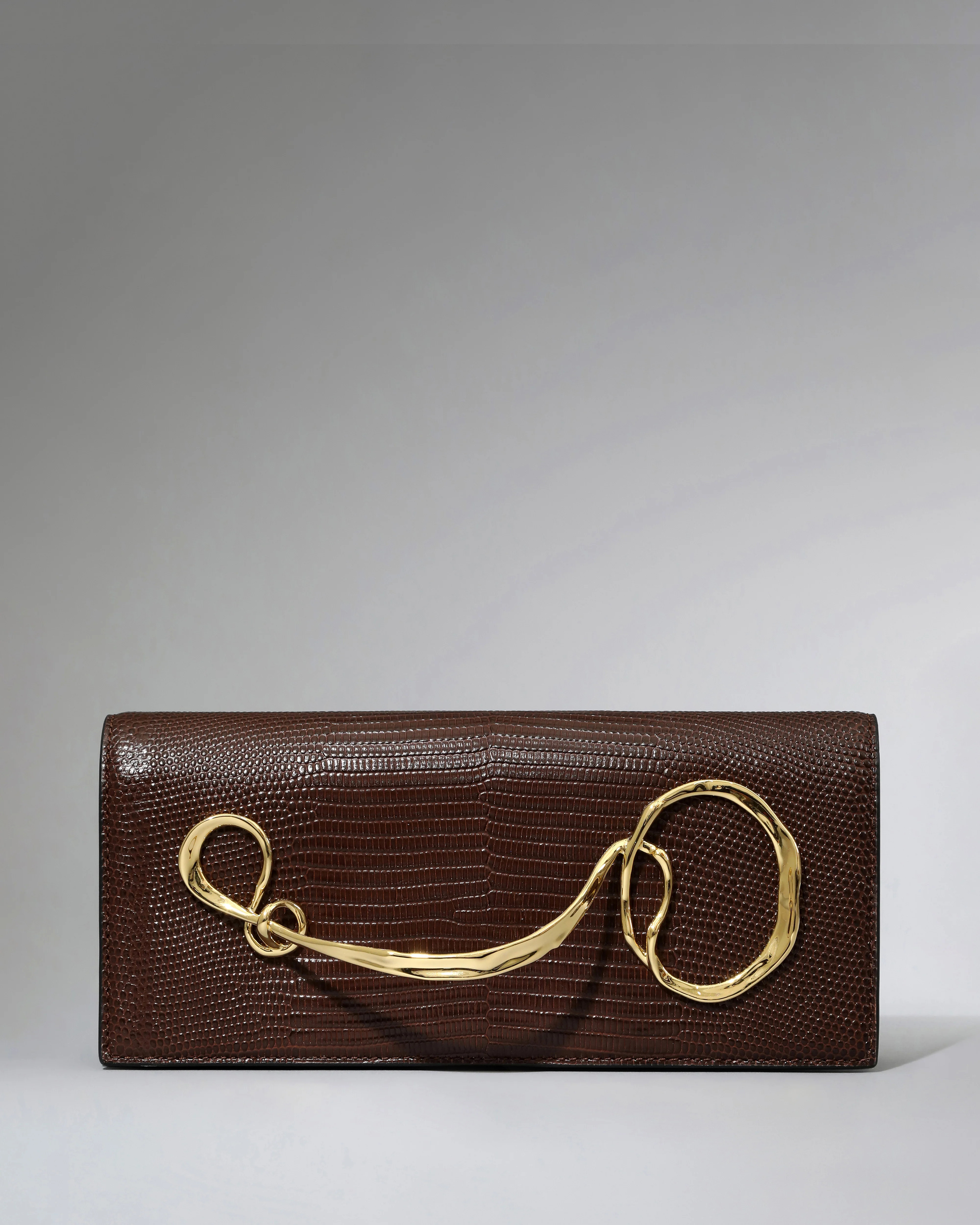 Chocolate Brown Lizard Leather Twisted Gold Side Handle Clutch | Alexis Bittar