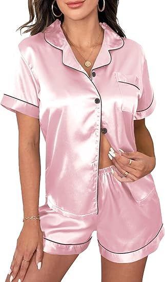 Senert Womens Silk Satin Pajamas Short Sleeve Button Down Pjs Set Sleepwear Two Piece Pjs Shorts ... | Amazon (US)