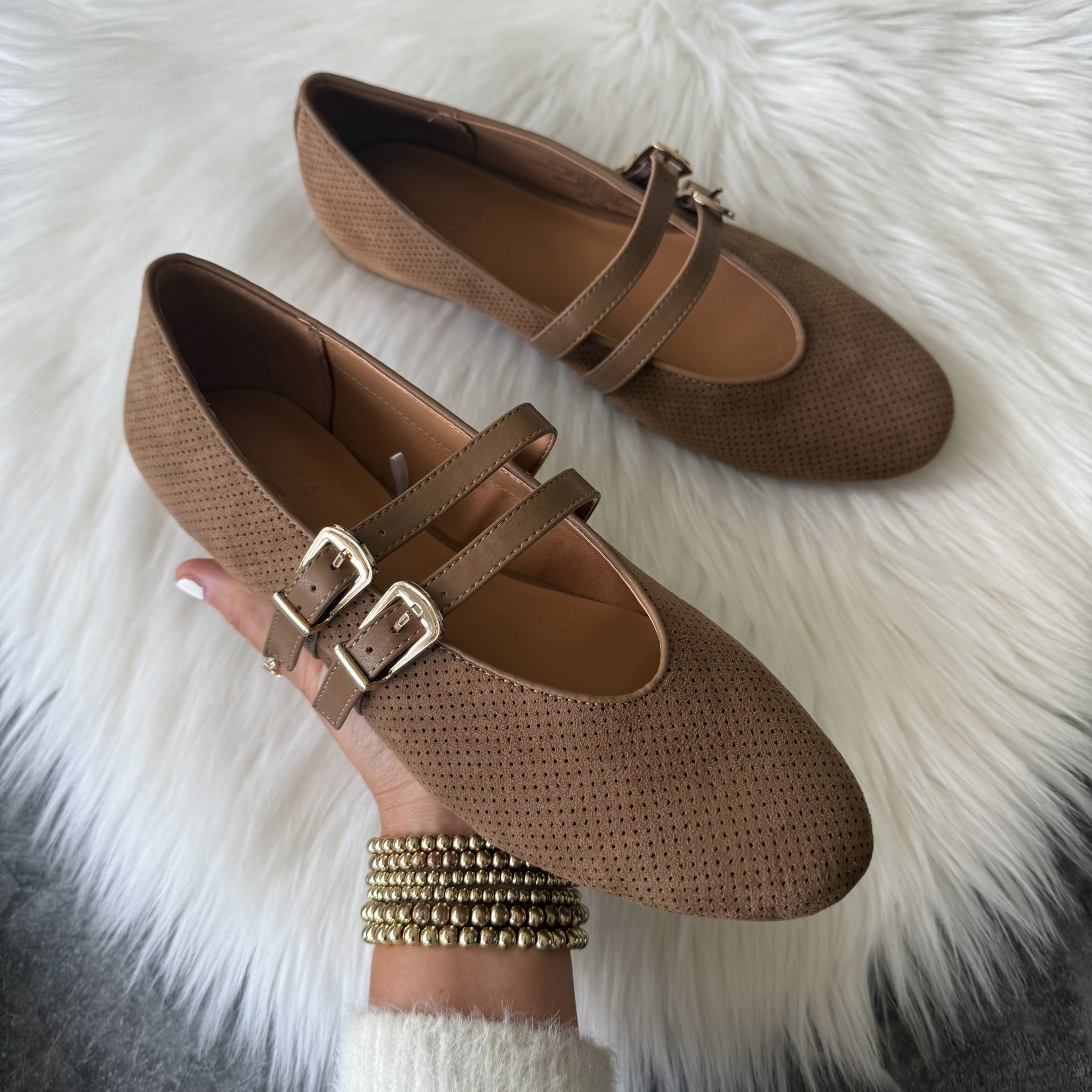 Women’s Henrietta Double Strap Mary Jane Flats with Memory Foam Insole – Universal Thread  Taupe runs true to size and $35