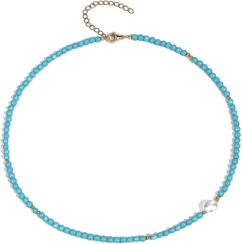 Turquoise Gemstone Pearl Beaded Choker for Women, Stainless Steel Handmade Strand Boho Jewelry | Amazon (US)