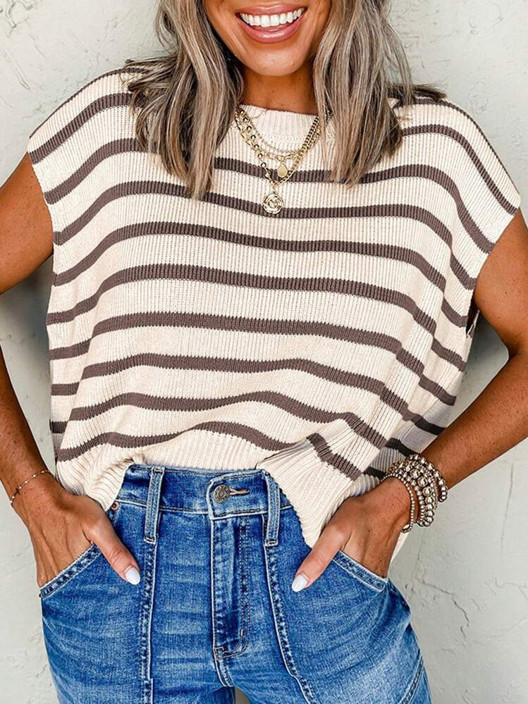 CILKOO Striped Side Slit Round Neck Short Sleeve Sweater T-Shirt | SHEIN