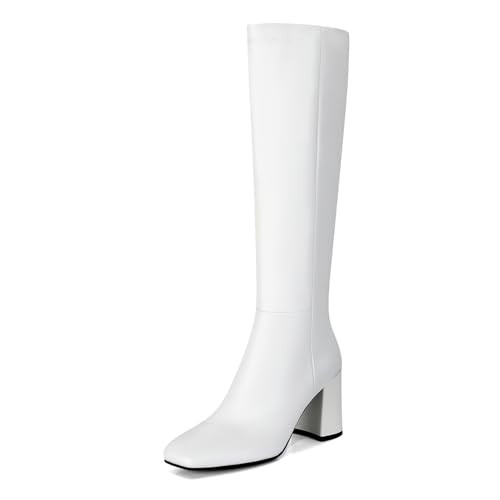SOVANYOU White Knee High Boots Leather Tall White Boots for Women Chunky Heeled Tall Boots Square Toe Long Boots Go-Go Boot | Amazon (US)