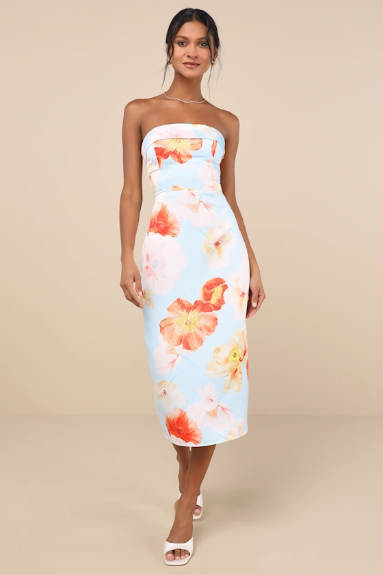 Oriana Light Blue Floral Satin Strapless Midi Dress | Lulus