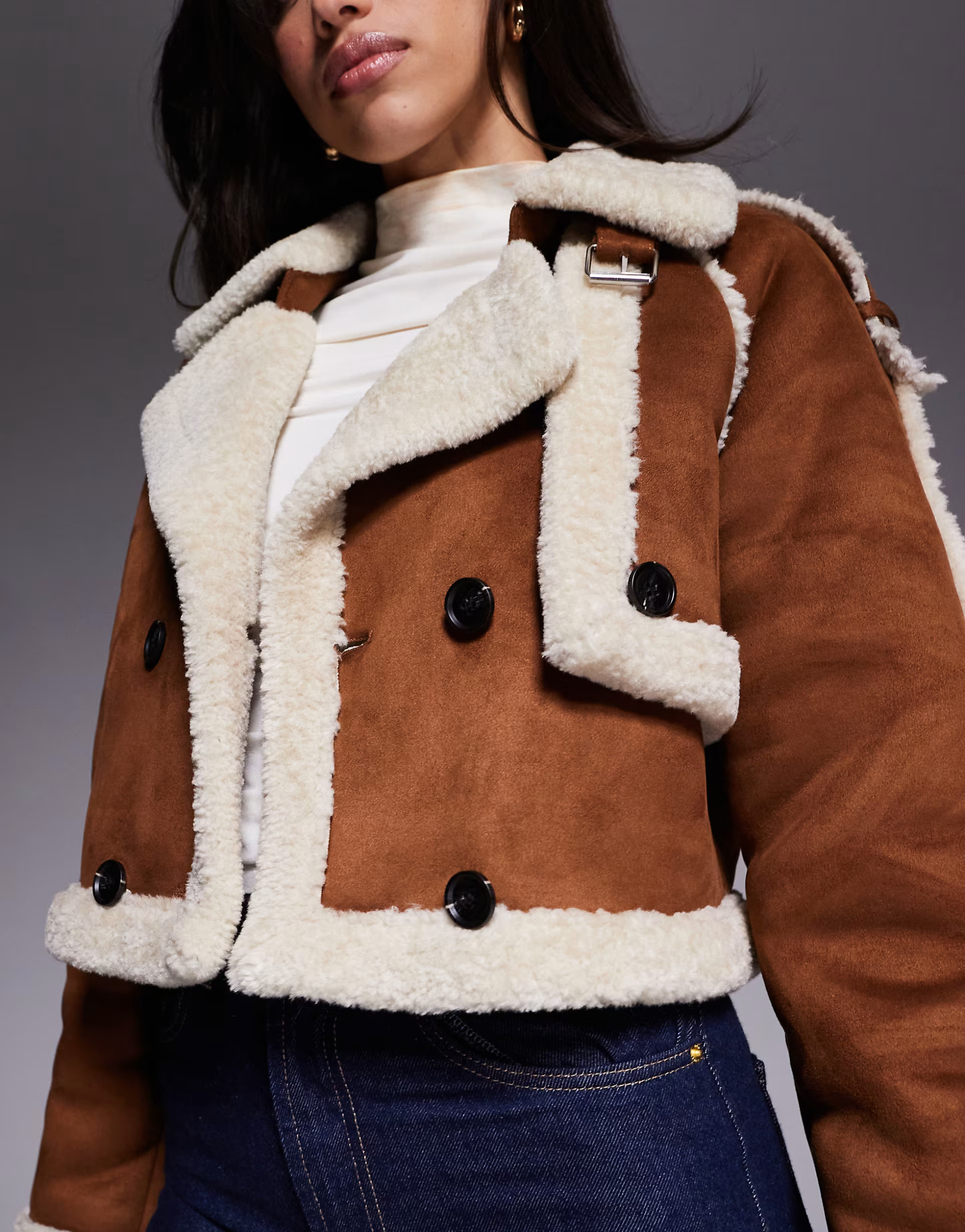 Aria Cove faux suede shearling look trim buckle detail 2 in 1 longline coat in brown | ASOS (Global)