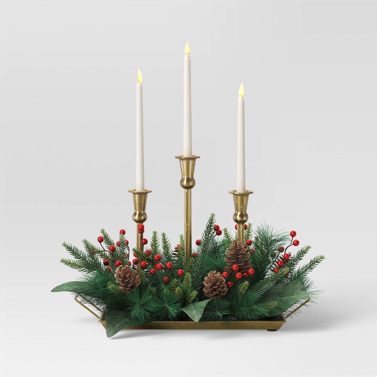 Battery Operated Flameless Taper Candle and Gold Candle Holder in Metal Tray with Faux Christmas ... | Target