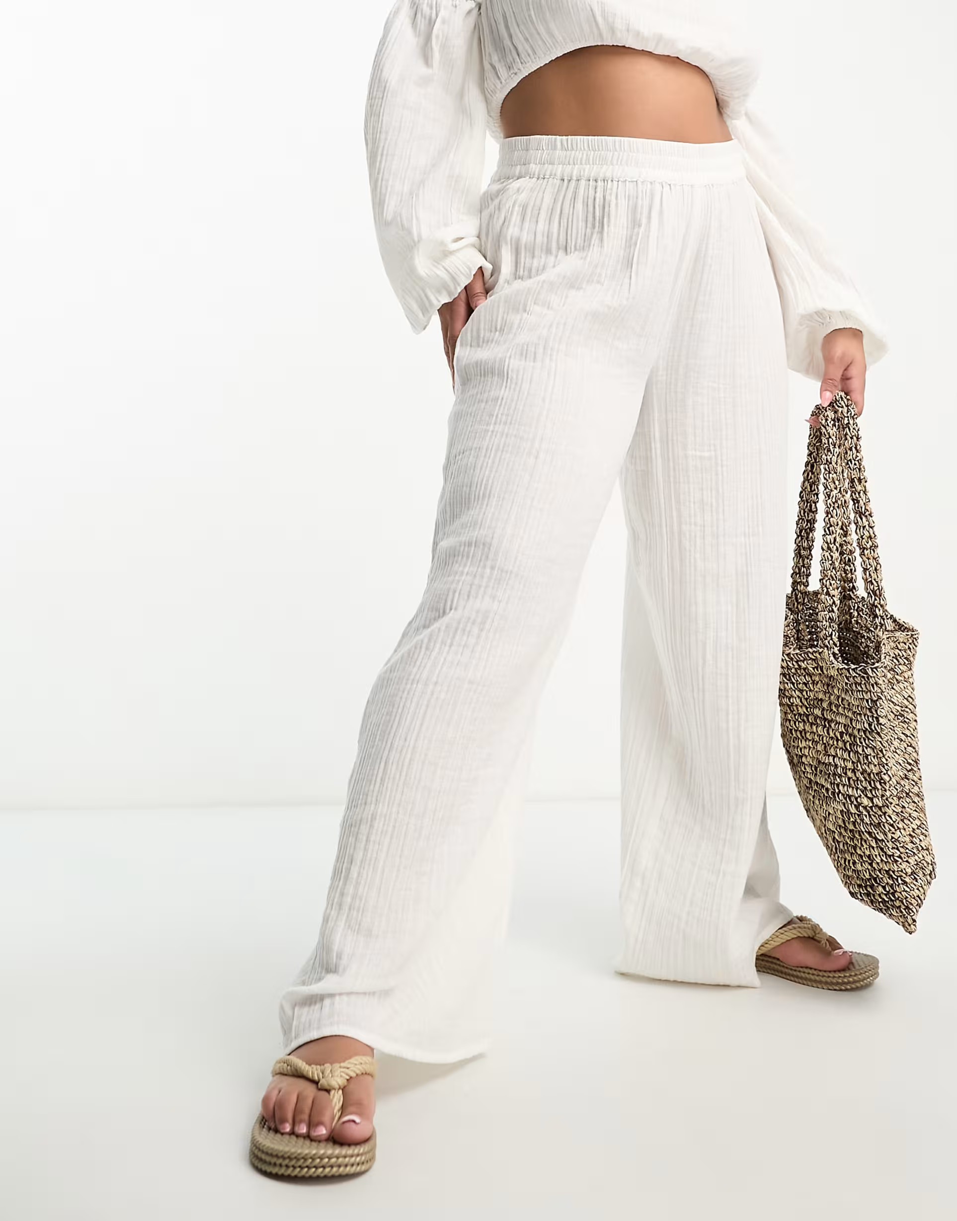 ASOS DESIGN Curve wide leg beach pants in natural gauze - part of a set | ASOS (Global)