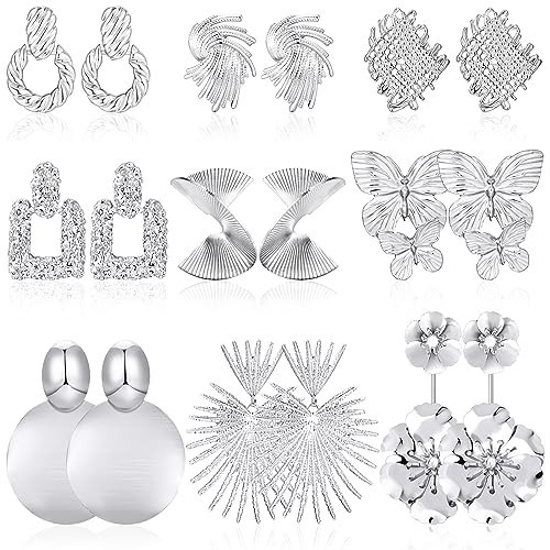 Adoyi Silver Statement Earrings for Women 14K Gold Earrings Set Silver Big Large Statement Earrings Geometric Drop Dangle Earrings Packs for Women Birthday Party Gift Lightweight Jewelry 9 Pairs | Amazon (US)