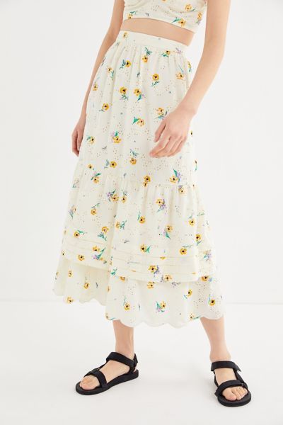 UO Ballad Floral Eyelet Midi Skirt - Assorted Xs at Urban Outfitters | Urban Outfitters (US and RoW)