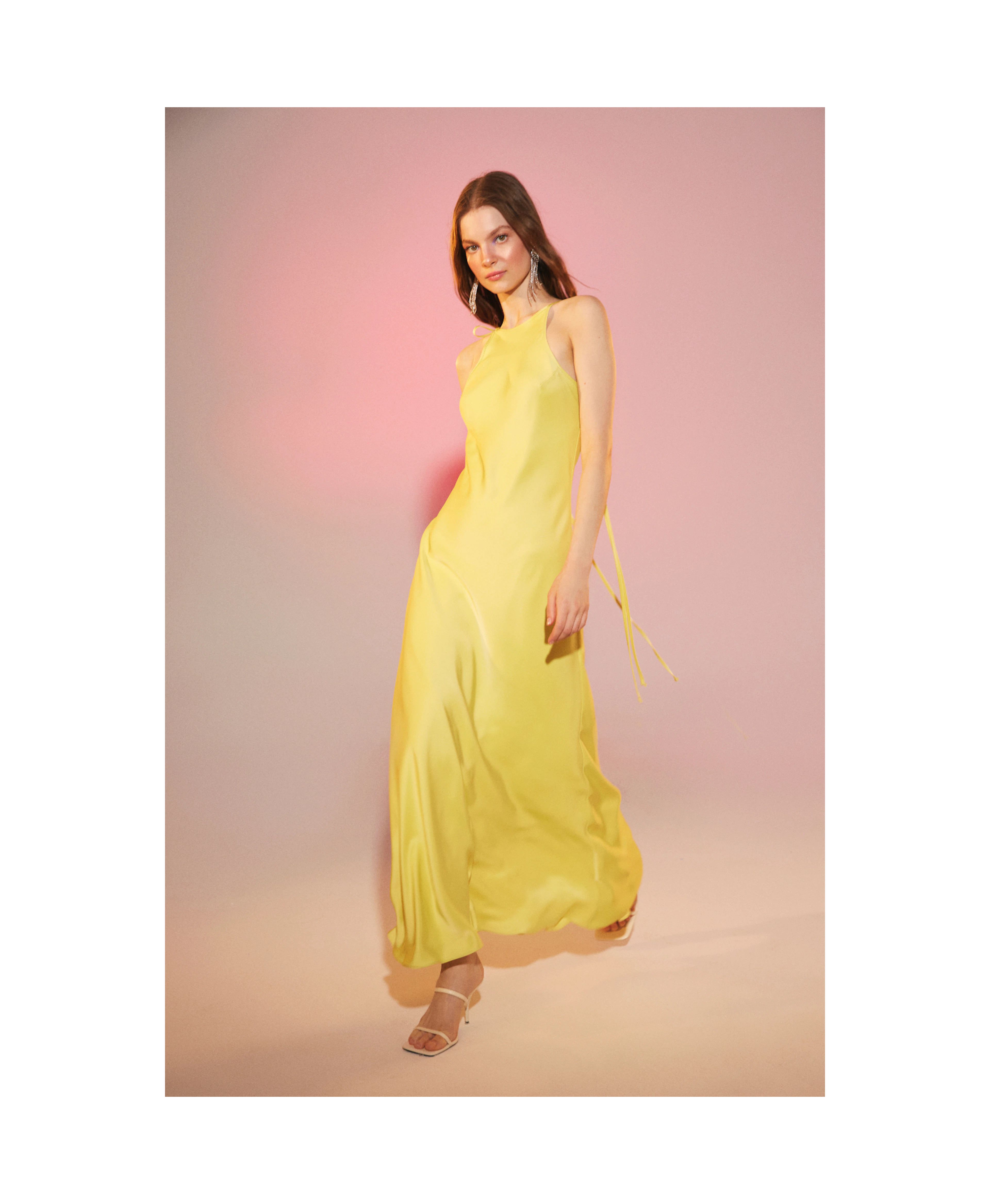 Addie Satin Long Dress in Lime Light | Seezona