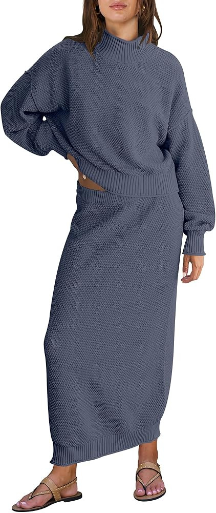 Caracilia Women's 2 Piece Outfits Sweater Skirt Sets Long Sleeve Oversized Tops Matching Maxi Ski... | Amazon (US)