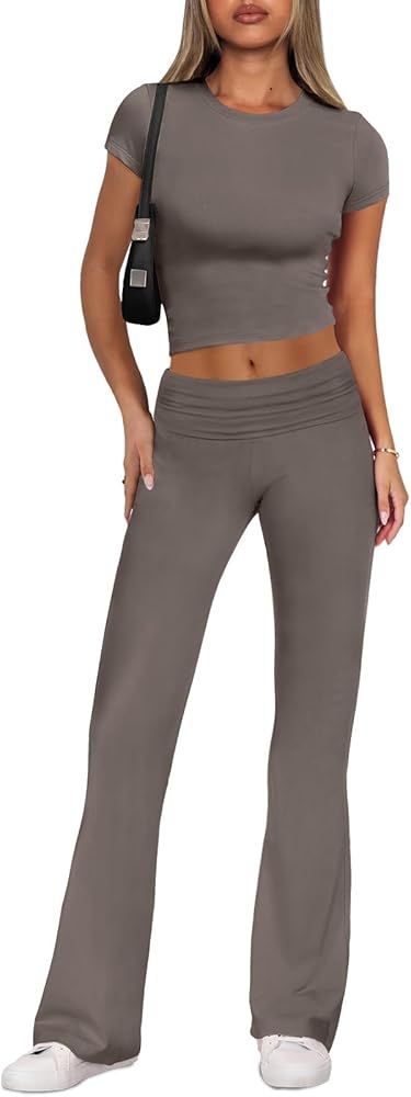 ANRABESS 2 Piece Sets for Women Lounge Loungewear Sets Foldover Yoga Flare Leggings Pants and Cro... | Amazon (US)