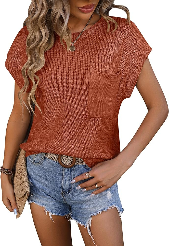Women Casual Crew Neck Short Sleeve Knitted T-Shirts Pullover Sweater Blouses Tops with Pocket | Amazon (US)