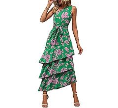 PRETTYGARDEN Womens Summer Floral One Shoulder Tiered Ruffle Flowy Midi Beach Boho Dress | Amazon (US)