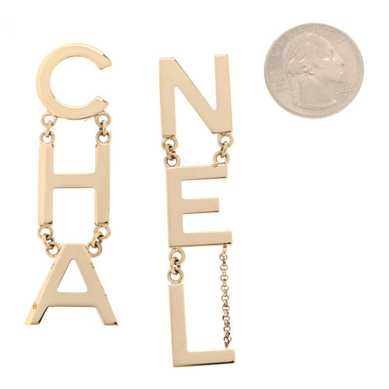 Metal Cha-Nel Logo Drop Earrings Gold | FASHIONPHILE (US)