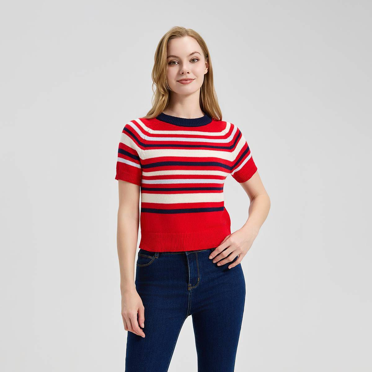 Women's Short Sleeve Sweater T-Shirt - A New Day™ Tan Striped S | Target