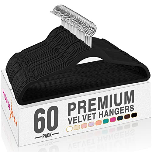 HOUSE DAY Black Velvet Hangers 60 Pack, Non Slip Clothes Felt Hanger Heavy Duty for Coat, Premium Slim Space Saving Suit Hangers for Closet Organizer, 360° Rotating Silver Hook | Amazon (US)