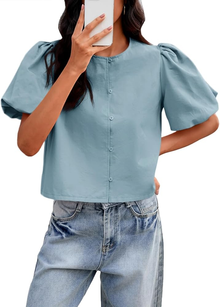 Tankaneo Womens Cropped Tops Puff Sleeve Button Down Shirts Trendy Casual Loose Fit Cute Blouse | Amazon (US)