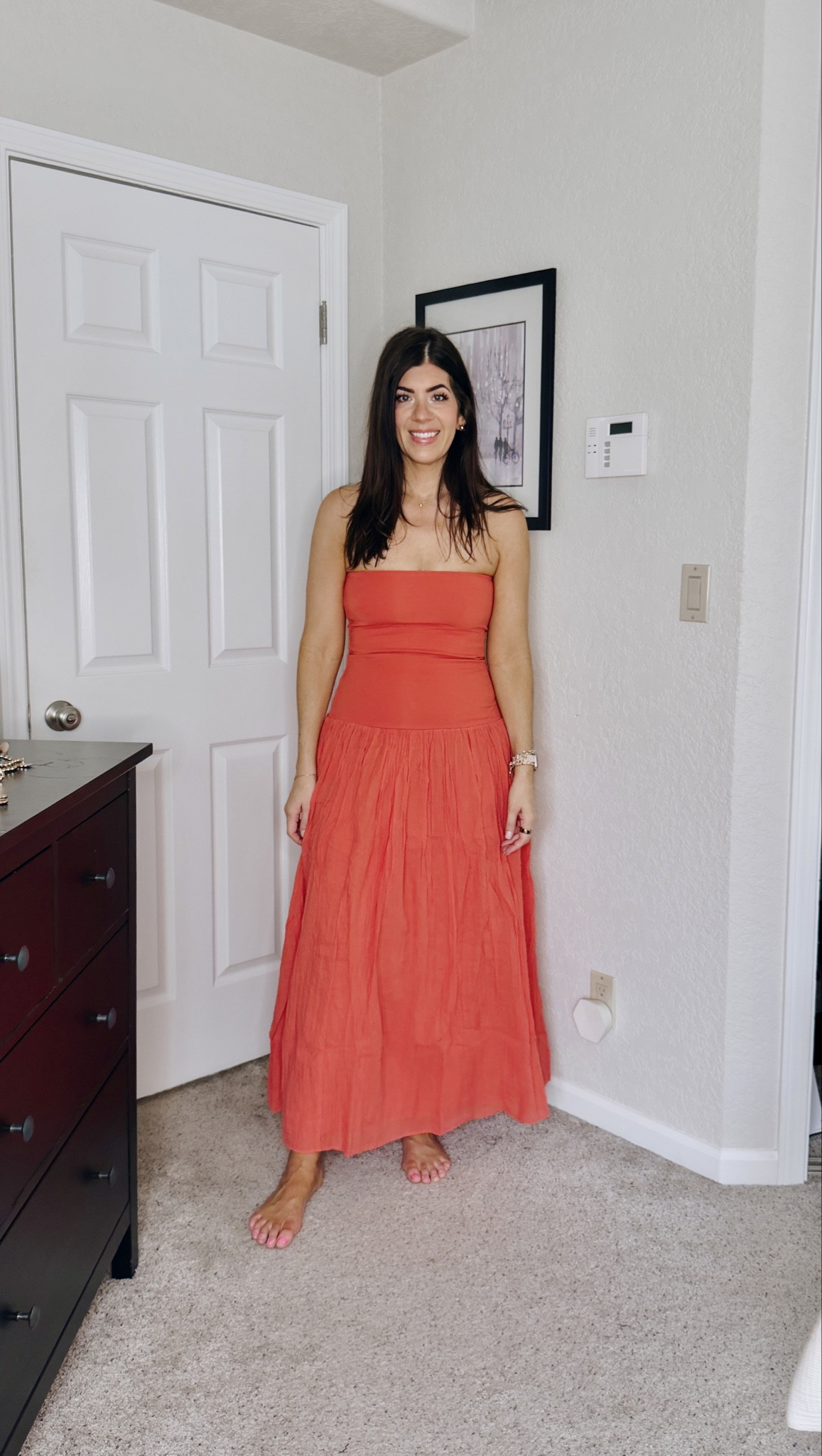 In a medium strapless convertible dress- size up if in between


#LTKMidsize #LTKTall #LTKOver40