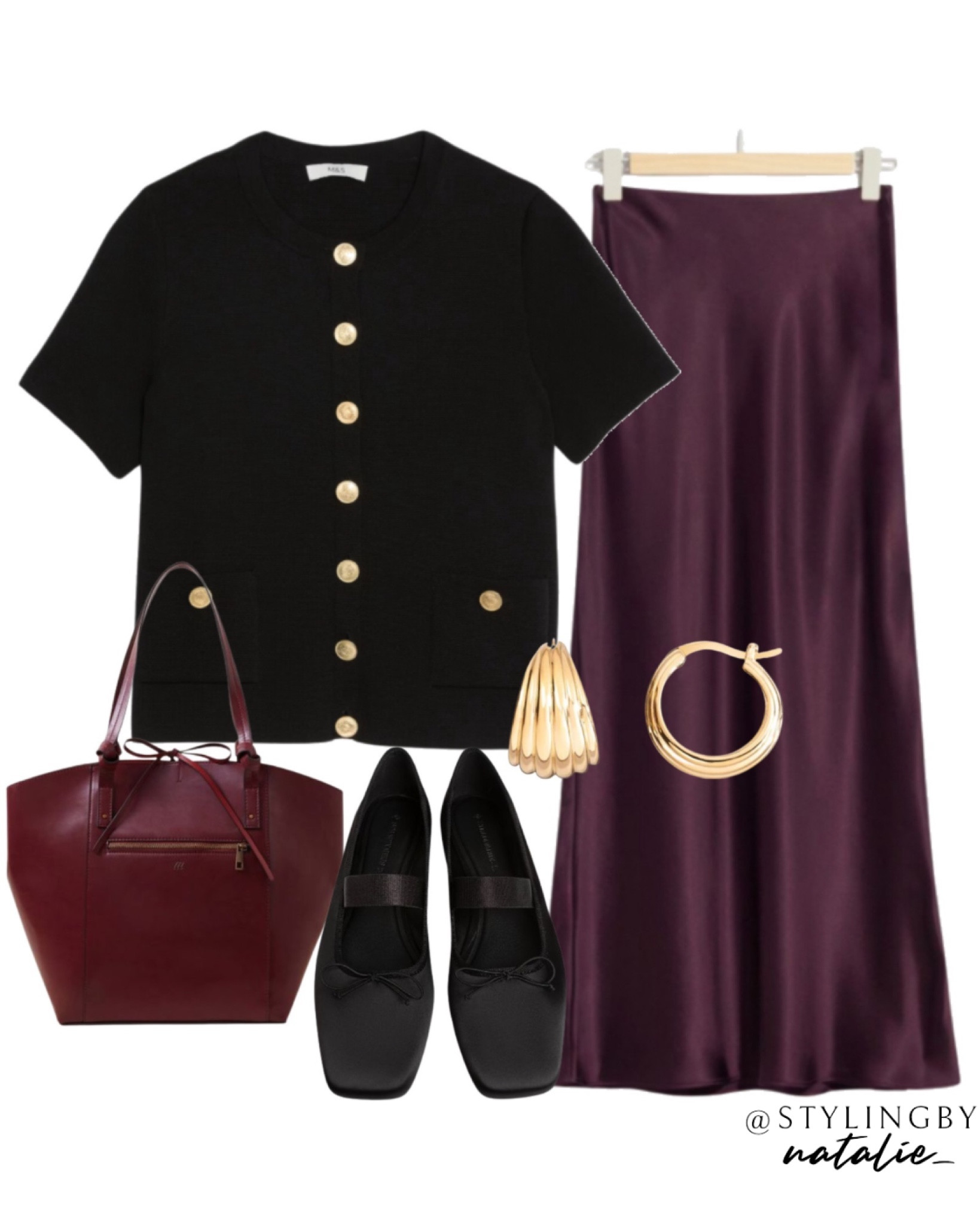 Black short sleeve cardigan with gold buttons, burgundy satin maxi skirt, satin ballet pumps, burgundy tote bag and gold hoop earrings.
Work wear, autumn outfit, fall trends, fall fashion, office outfit, chic, classy outfit.

#LTKworkwear #LTKautumn #LTKshoes